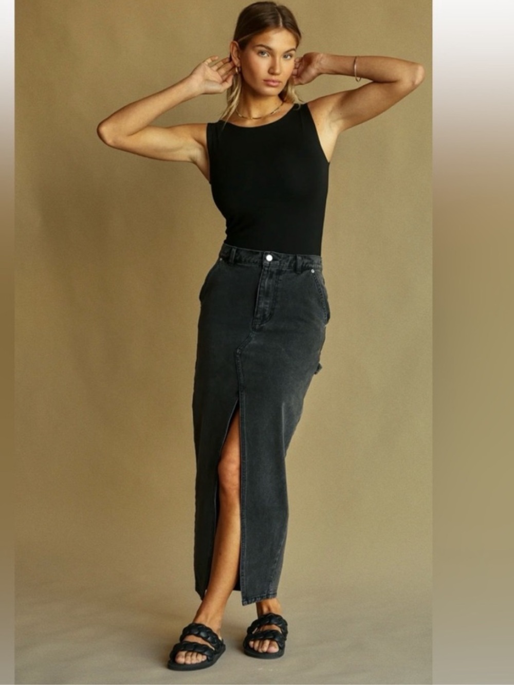 NWT Araminta James High-Rise Black Denim Maxi Skirt with Front Slit Sz 6/XS